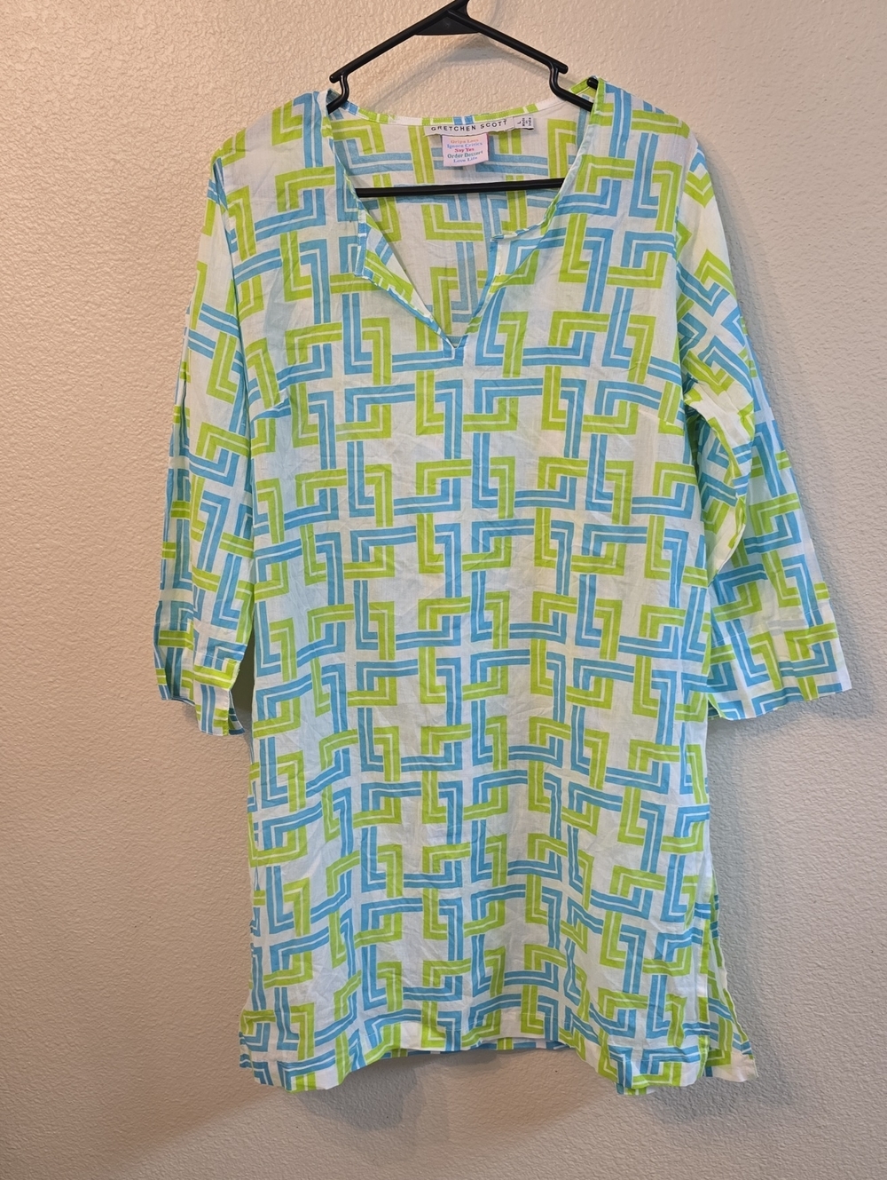 Gretchen Scott Designs Blue & Lime Geometric Long-Sleeve Tunic Dress